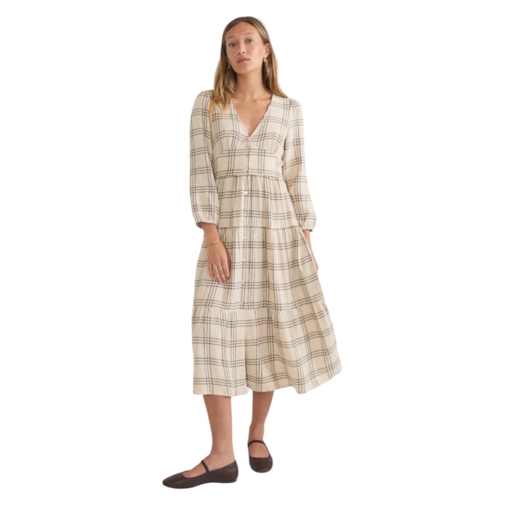Marine Layer Maeve Maxi Dress Cream Windowpane Size XS Long Sleeve